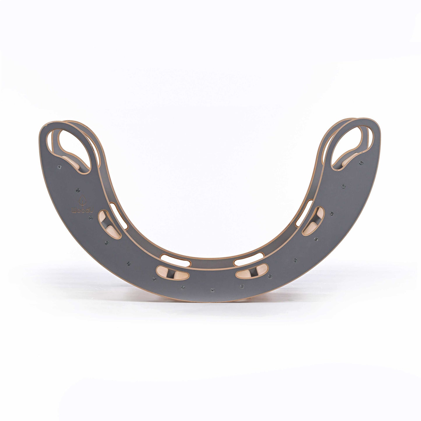 Profil szarego drewnianego bujaka WoodU na czystym białym tle